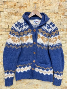 vintage古着复古孤品北欧费尔岛加厚棒针童趣羊毛连帽毛衣外套