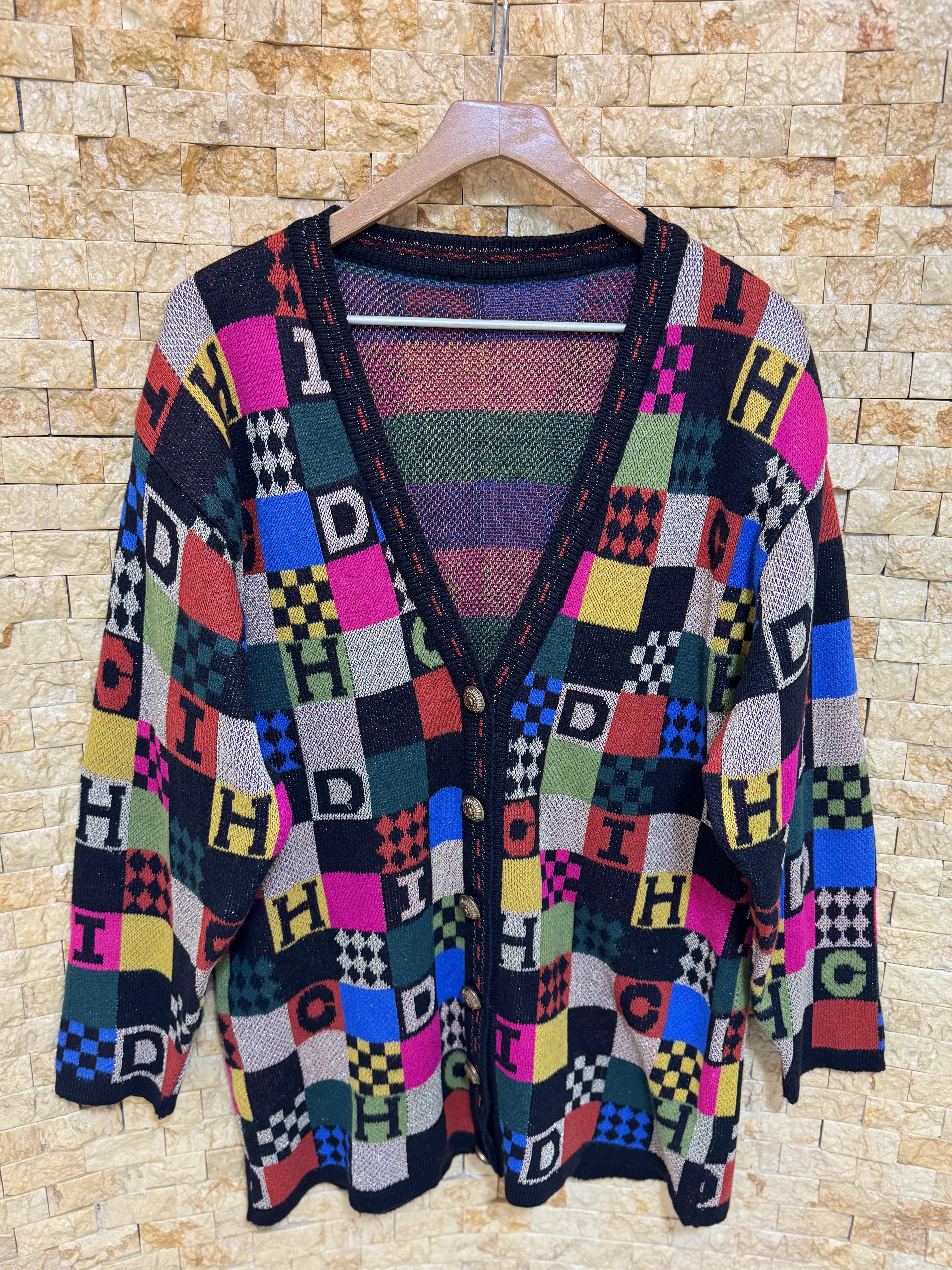 古着vintage孤品日系复古巴洛克文艺撞色拼接钩花毛衣针织v领开衫