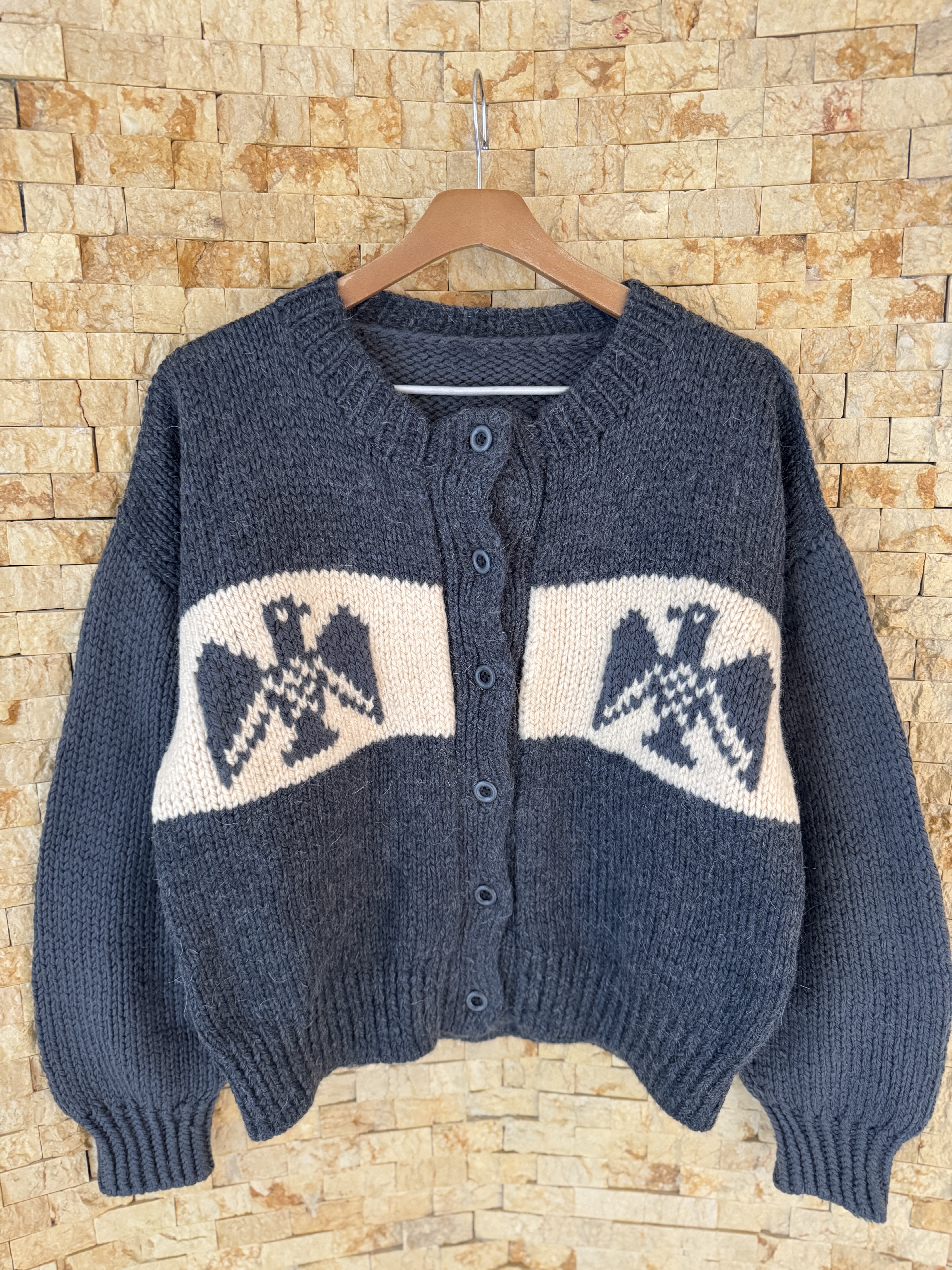 古着vintage北欧厚实粗线印第安麋鹿鹰提花厚实休闲外套毛衣外套