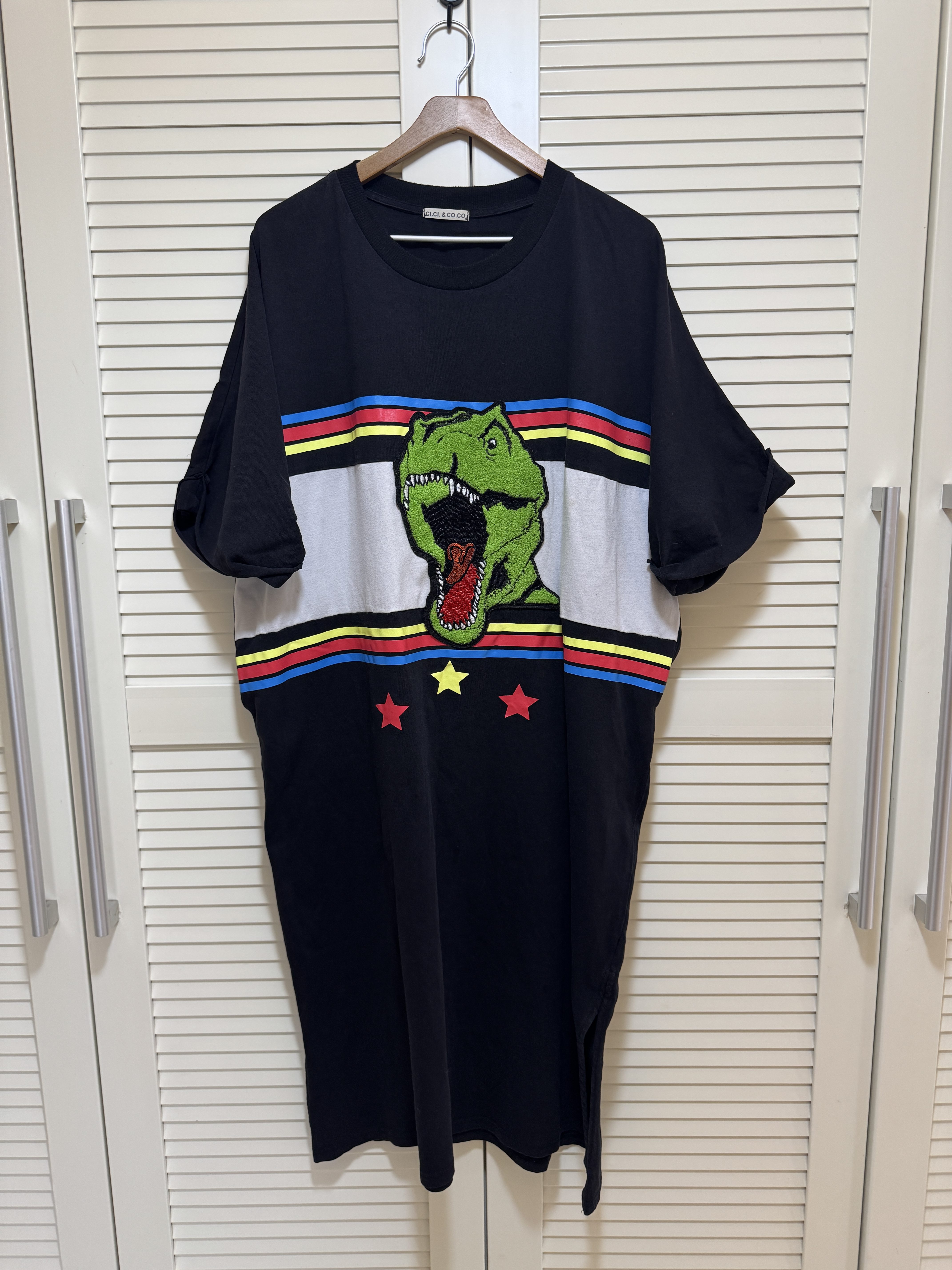 古着vintage孤品趣味卡通恐龙刺绣宽松休闲运动风短袖T恤连衣裙