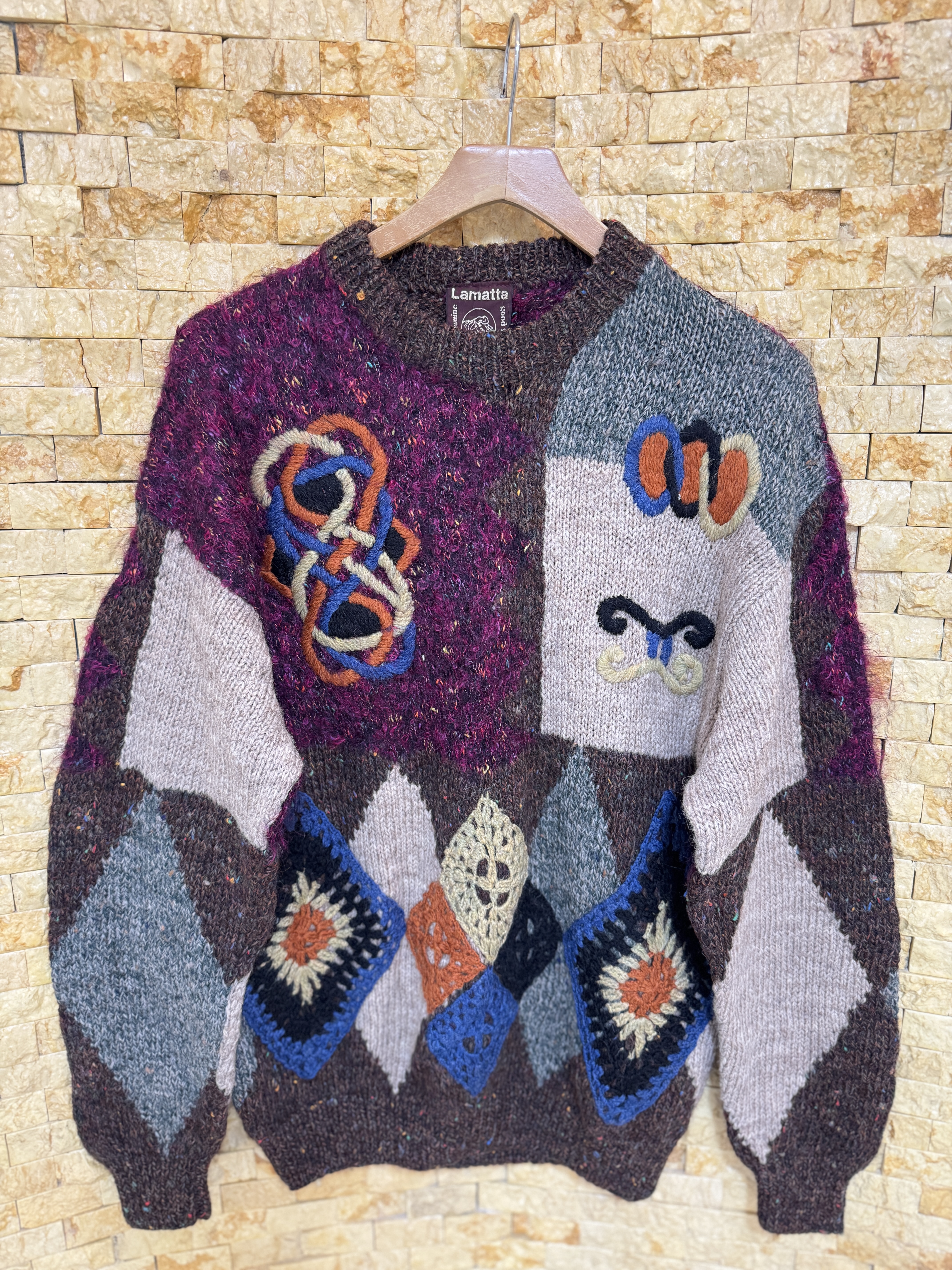 古着vintage孤品日系复古费尔岛重工刺绣钩花拼接菱格羊毛毛衣