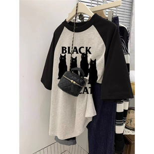 设计感小众插肩袖 新款 多巴胺穿搭宽松上衣 t恤女夏季 甜美短袖