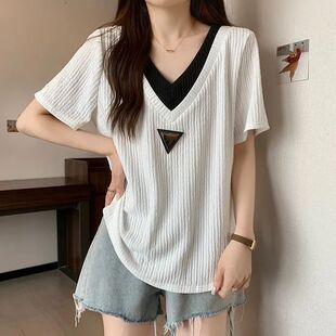 大码 新款 宽松显瘦假两件设计感百搭休闲上衣 t恤女夏季 肌理感短袖