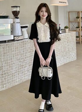 韩版大码女装胖黑色连衣裙女夏季法式蕾丝娃娃领收腰显瘦小黑裙