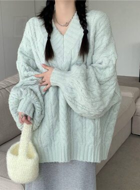 韩版新款慵懒风毛衣女秋冬套头宽松外穿上衣加厚麻花针织衫厚