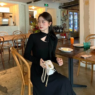 切糕包臀小个子女冬装气质黑色裙子长裙好看新款长袖连衣裙女装裙