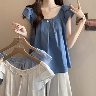 宽松上衣女 超200斤大码 胖mm飞飞袖 褶皱娃娃衫 衬衣女夏季