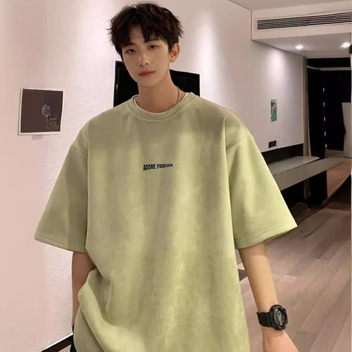 牛油果绿320g重磅t恤男美式复古麂皮绒短袖oversize小领口七分袖