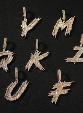 嘻哈铜镶锆石梯方冰刺26个大写单字母吊坠小众锁骨链欧美潮牌饰品