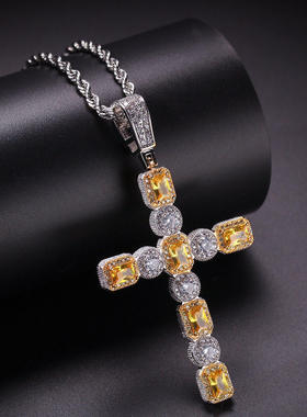 欧美嘻哈项链方圆大锆石十字架吊坠CrossPendant街舞说唱情侣挂饰