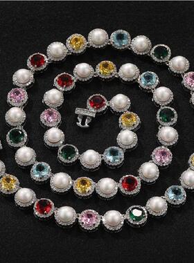 10mm时尚创意珍珠五彩锆石项链夏季潮流弹簧扣手链轻奢小众饰品