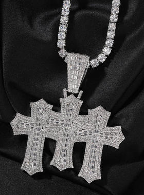 欧美铜镶T方锆石十字架吊坠时尚新款镶钻嘻哈男女说唱潮项链