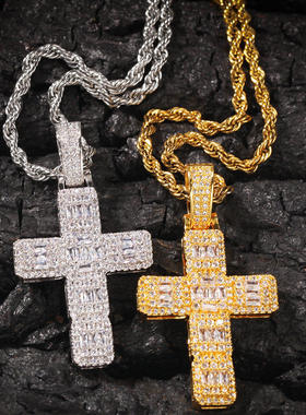 欧美百搭十字架吊坠 微镶方锆嘻哈项链潮流街舞个性情侣饰品