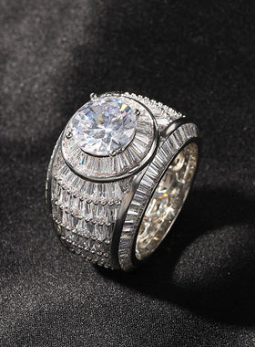 ins嘻哈黑人夸张戒指bling闪镶钻大圆欧美宝石男潮满钻男士食指戒