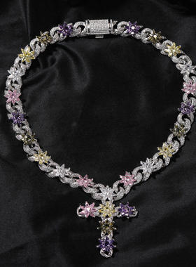 15mm时尚彩色冰花十字架项链男女高级感铜镶锆石花朵设计无限链