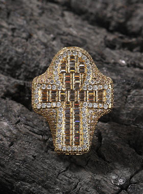 创意铜镶T方锆石十字架安赫嘻哈戒指梯方钻复古时尚男潮指环