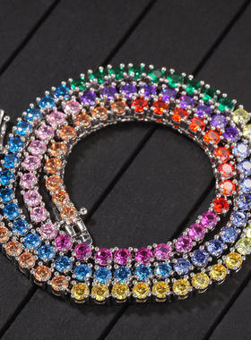 欧美3.5mm嘻哈手链铜镶彩色锆石潮网球链街头一排项链情侣锁骨链