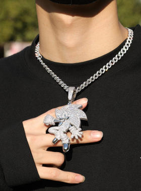 刺猬索尼克嘻哈吊坠卡通动漫铜镶锆石潮流项链男女百搭古巴链