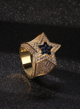 欧美嘻哈男士微镶锆石星星戒指蓝宝石五角星指环StarRing潮流配饰