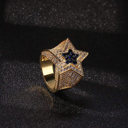 欧美嘻哈男士微镶锆石星星戒指蓝宝石五角星指环StarRing潮流配饰
