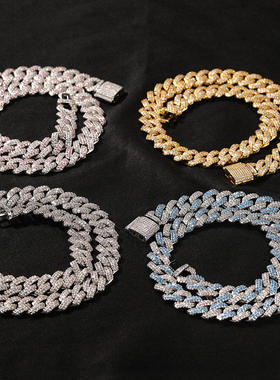 13mm嘻哈古巴链个性紫色钻条形项链百搭男女潮手链铜镶锆石锁骨链