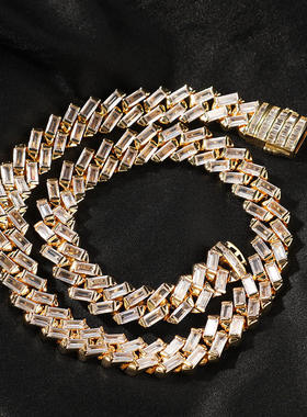 欧美12mm条形古巴链T方锆石嘻哈项链弹簧扣宝石手链百搭情侣饰品