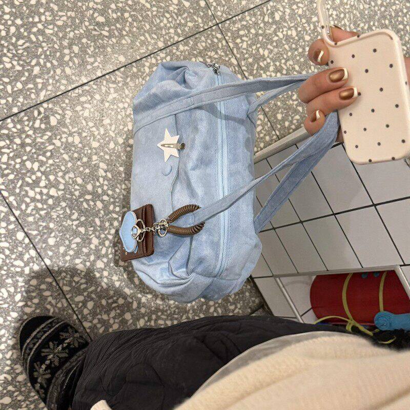 韩系蓝色包包手提单肩女款麂皮绒上班通勤包大容量可爱2026新款