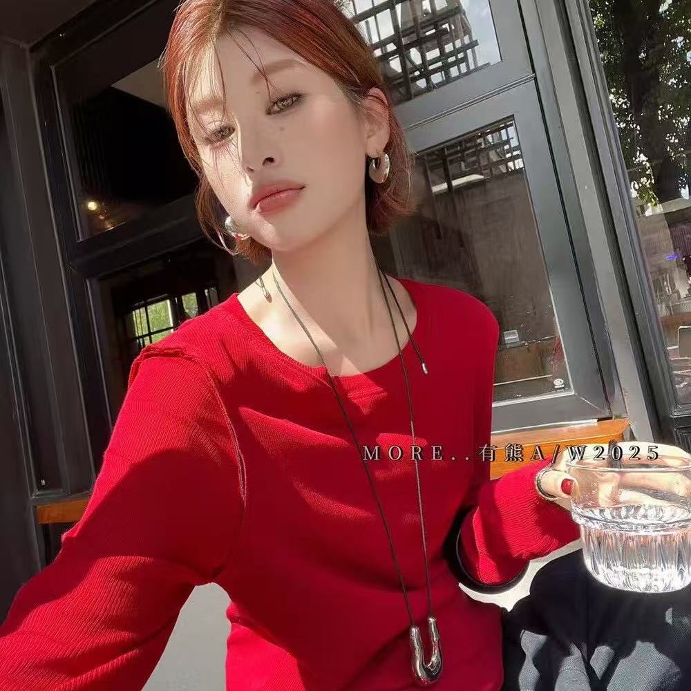 More有熊正品秋冬撞色拼接假两件修身显瘦正肩高弹圆领长袖体恤衫