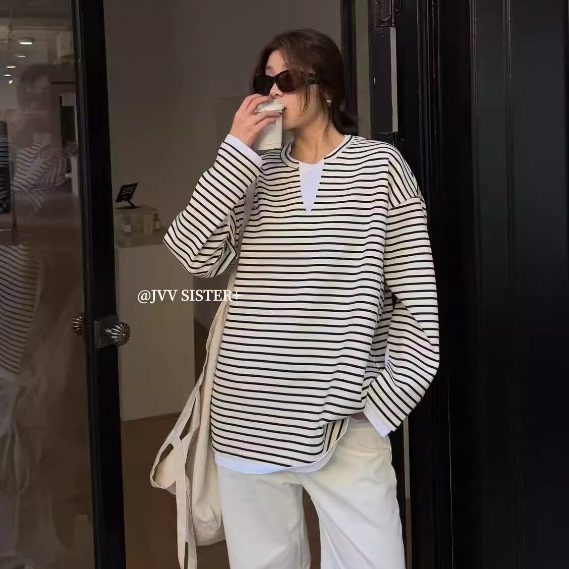 JVV SISTER韩系条纹春夏V领假两件拼接长袖女宽松慵懒风T恤衫上衣