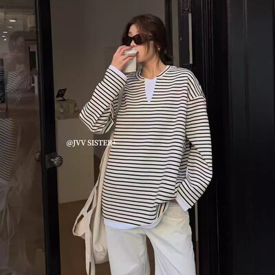 JVV SISTER韩系条纹春夏V领假两件拼接长袖女宽松慵懒风T恤衫上衣