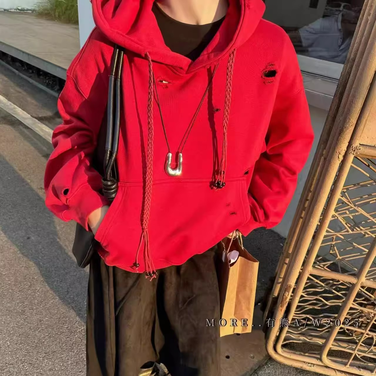 加绒正品MORE有熊复古洗水做旧磨破重工连帽帽衫卫衣外套情侣风