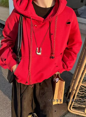 加绒正品MORE有熊复古洗水做旧磨破重工连帽帽衫卫衣外套情侣风