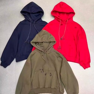 加绒正品MORE有熊复古洗水做旧磨破重工连帽帽衫卫衣外套情侣风