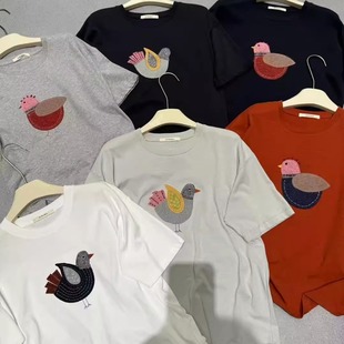 At Studios波西米亚风秋季贴布小鸡绣花重工百搭短袖体恤衫上衣女