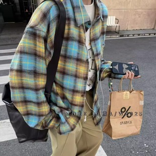 MORE有熊叠穿显白秋冬复古时尚格纹磨毛宽松衬衫女设计感休闲衬衣