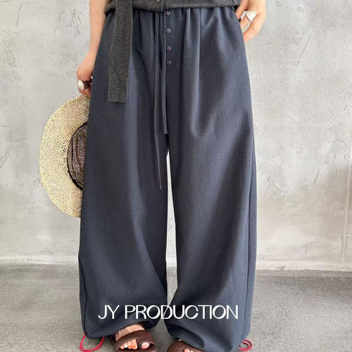 慵懒日系复古大码棉布格子休闲裤早秋宽松显瘦舒适百搭收口阔腿裤