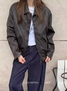 洗水软皮JVV SISTER复古高级感咖色职场复古机车款PU皮衣外套上衣