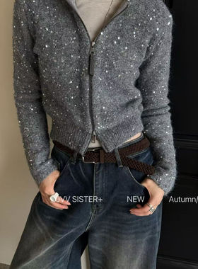 JVV SISTER时尚连帽卜灵卜灵闪亮片开衫外套女冬季宽松短款卫衣女