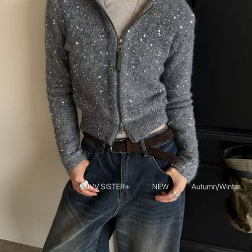 JVV SISTER时尚连帽卜灵卜灵闪亮片开衫外套女冬季宽松短款卫衣女