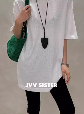 JVVSISTER夏季亲肤纯色背后开叉T恤女宽松显瘦百搭宽松遮屁股上衣