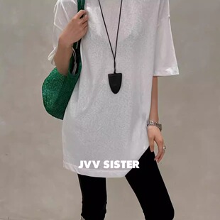 JVVSISTER夏季亲肤纯色背后开叉T恤女宽松显瘦百搭宽松遮屁股上衣