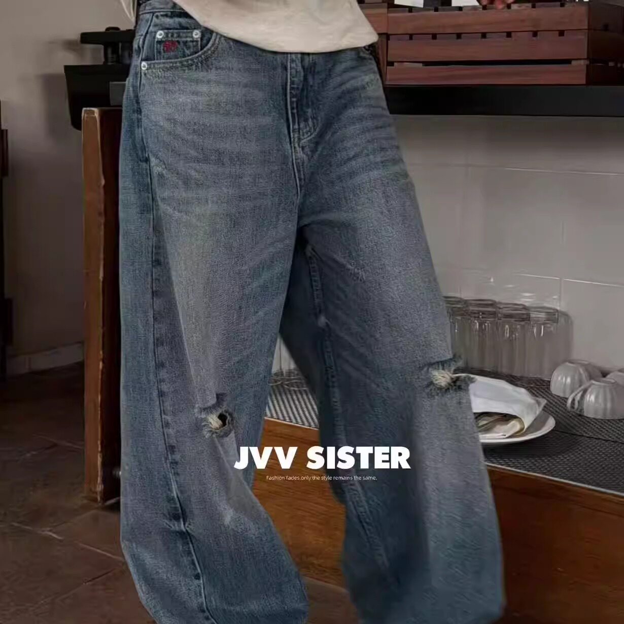 JVV SISTER美式复古高腰破洞水洗直筒牛仔裤女宽松显瘦阔腿裤春