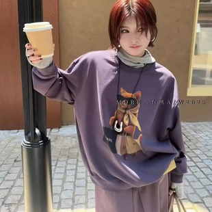 正品MORE有熊秋冬创意印花购物猫宽松男友风情侣款圆领套头卫衣