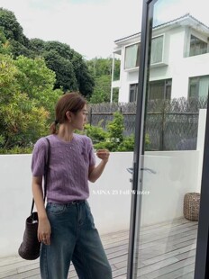 SAINA白色圆领麻花针织衫短上衣小众设计感百搭t恤短袖毛衣打底衫