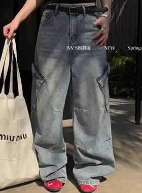 JVV SISTER美式复古口袋阔腿水洗牛仔裤女春季宽松直筒工装裤潮