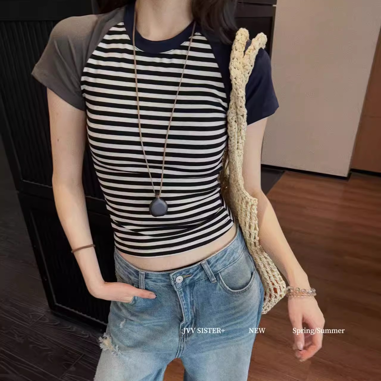 JVVSISTER夏季美式撞色条纹圆领修身小个穿搭短款显瘦洋气T恤上衣