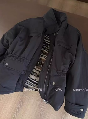 JVV SISTER冬季休闲羊羔毛工装风立领加后拉链风衣休闲百搭外套女