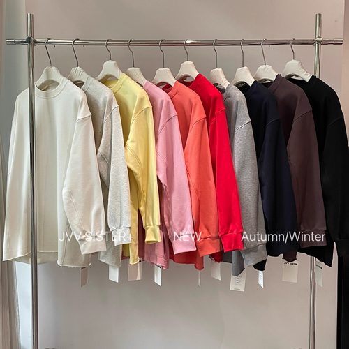 薄绒JVV SISTER剪裁设计感糖果色系宽松卫衣圆领长袖中长体恤衫女