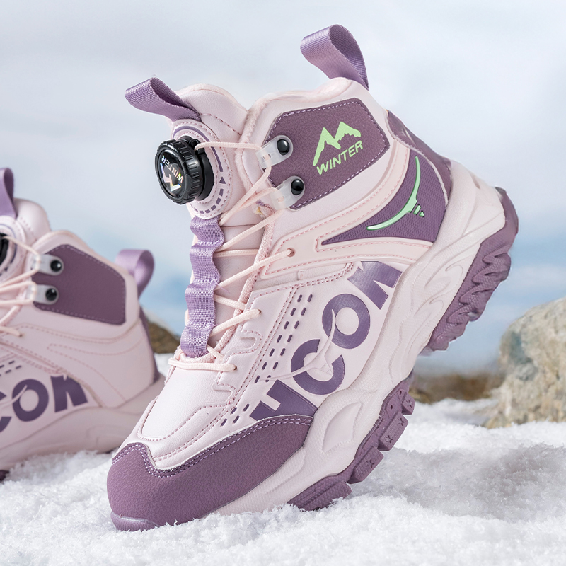 女童旋转纽扣棉鞋运动防水防滑儿童雪地靴加绒加厚大童冬季短筒靴