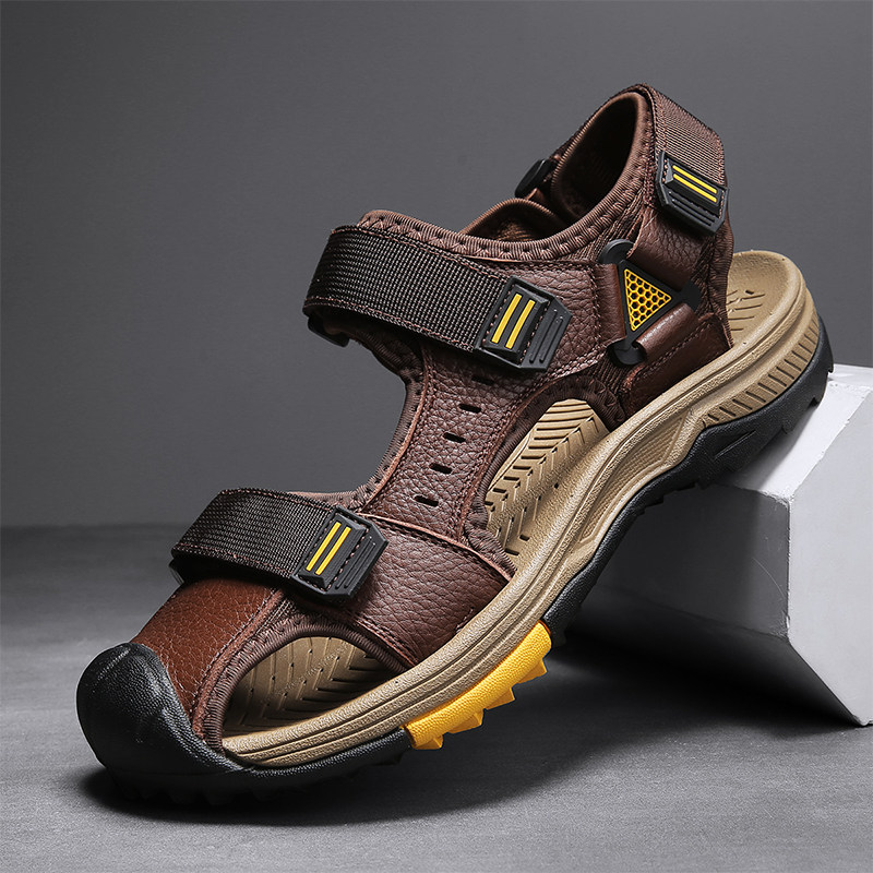 HUAGANG CAMEL SANDALS MENS LEATHER BREATHABLE FOOT SWEAT DEODORANT BAOTOU BEACH SHOES MENS LIGHTWEIGHT SOFT-SOLED DRIVING SHOES
